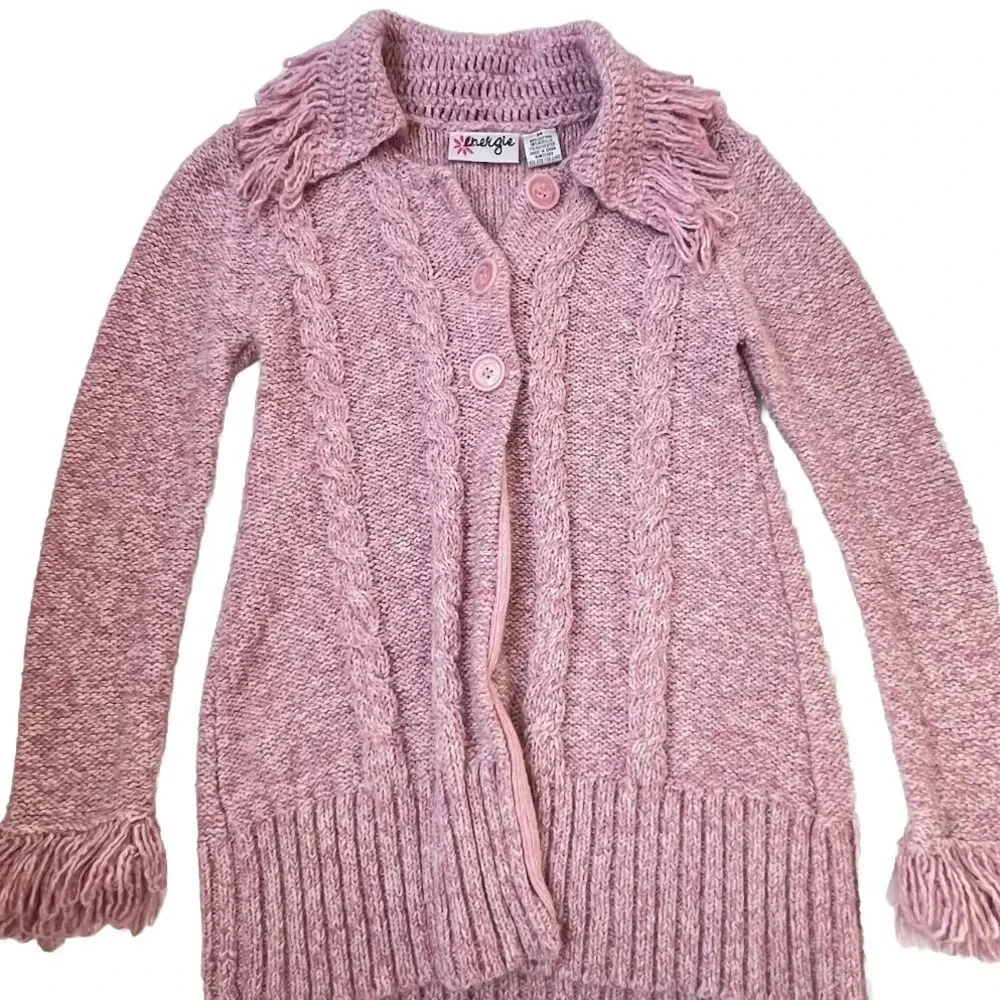 Y2K Vintage Energie Pink Fringe Chunky Button Sweater Open Cardigan Women’s M